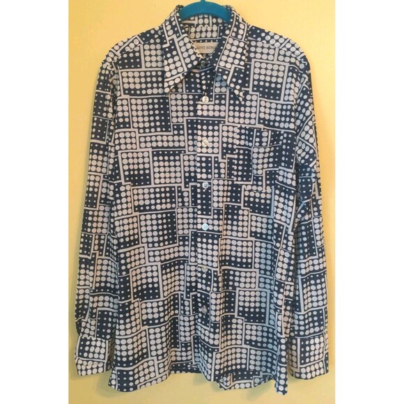 Vintage 1960s Jaime Roman Dagger Collar Disco Hippie Shirt Men's Sz M Blue Dots - Picture 1 of 11